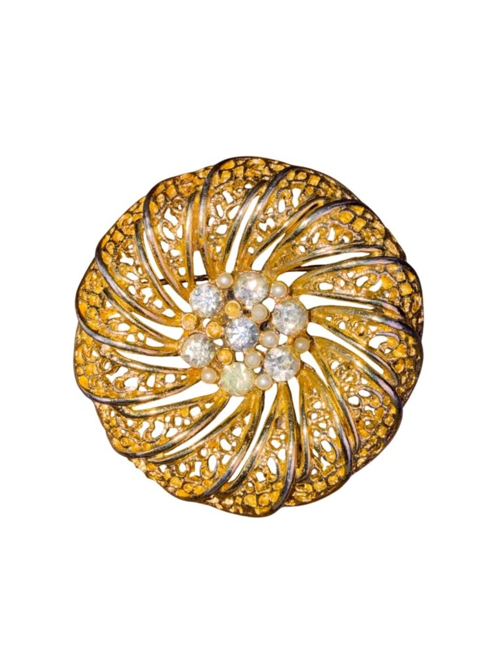 Vintage Gold Tone Floral Filigree Brooch With Clear Rhinestones & Pearls